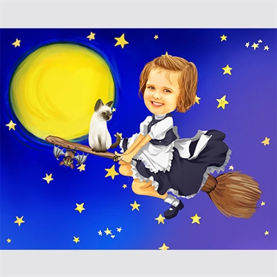 Flying Little Witch Girl Caricature from Photo - myDaVinci